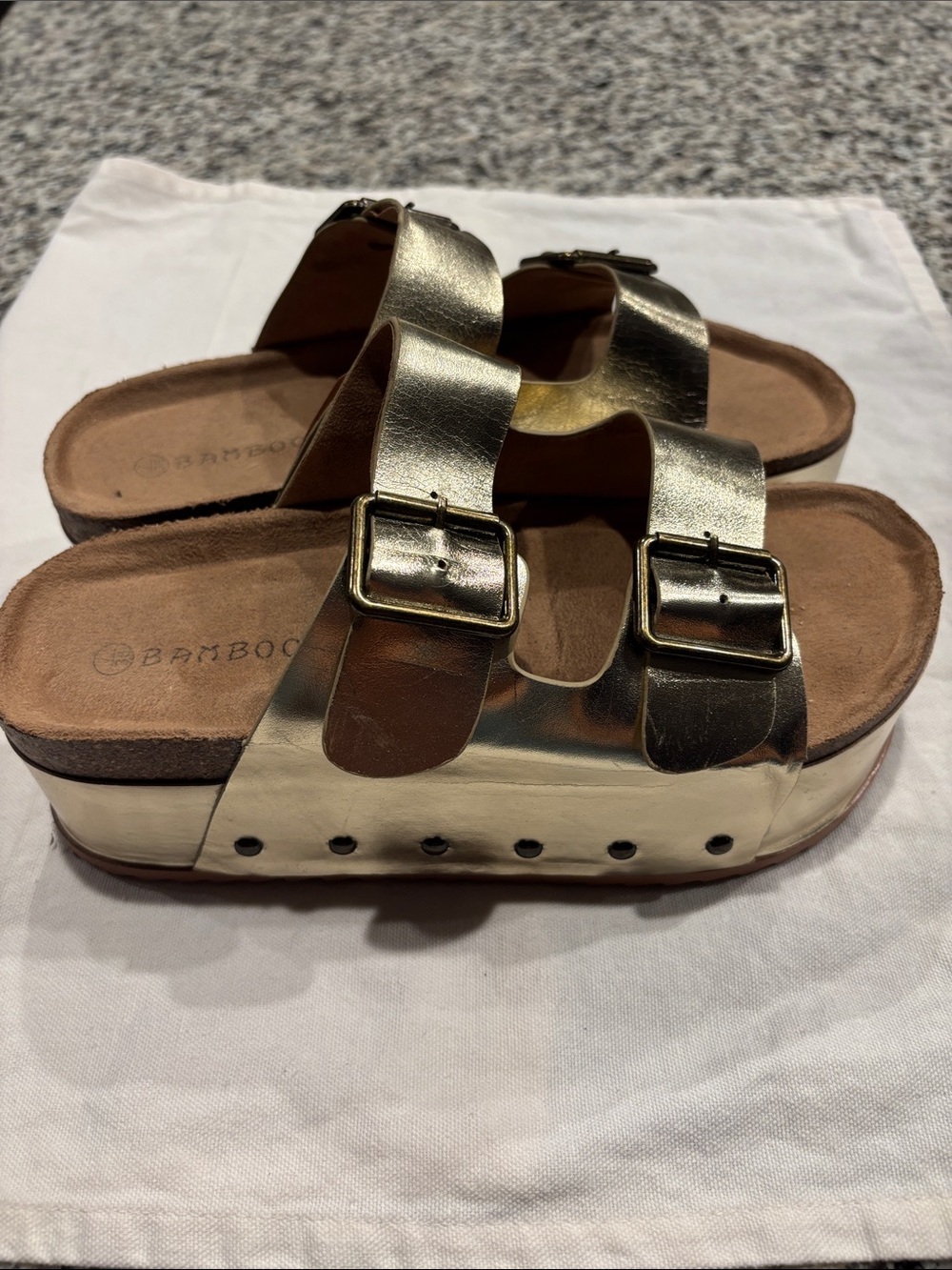 BAMBOO Metallic Gold Double Buckle Platform Slide Sandals